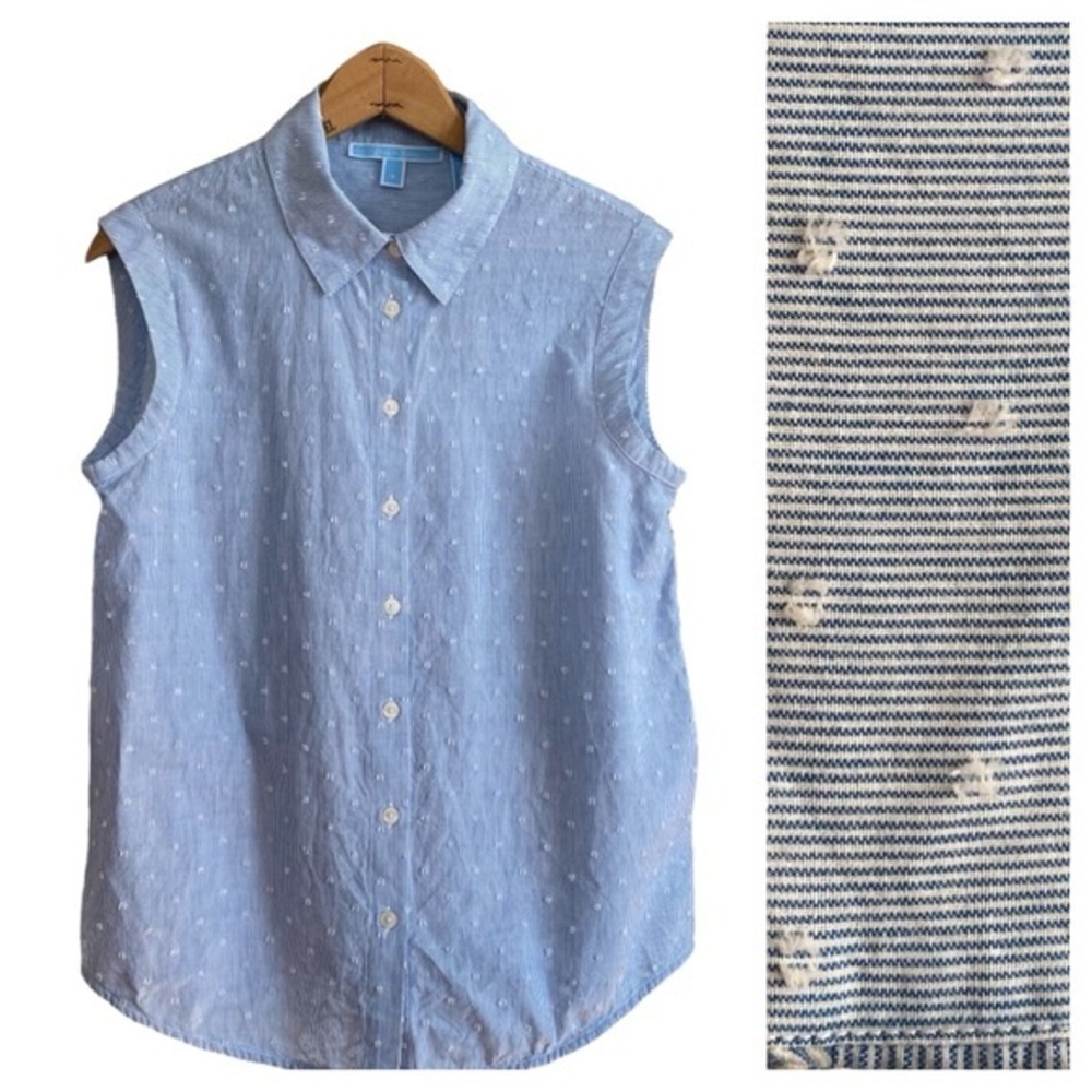 Draper James Embroidered Blue White Stripe Sleeveless Oxford Button Down Top 6